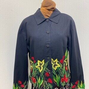 Anage Womens Size Large Black Cotton Embroidered Beaded Floral Blazer Jacket